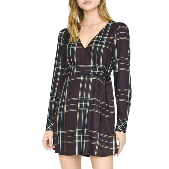 SANCTUARY Upbeat Faux Wrap Long Sleeved Plaid Dress Brown White Beige Sz 2 - Picture 1 of 16